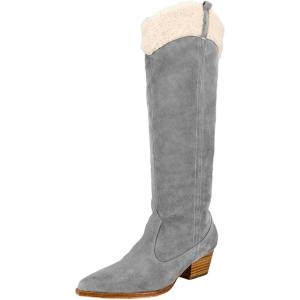 imageFSJ Women Knee High Boots Fur Collar Stacked Chunky Heel Closed Toe Faux Suede Wide Calf Slouchy Fashion Cowgirl Dress Long Boot Size 416 USGrey