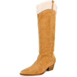 imageFSJ Women Knee High Boots Fur Collar Stacked Chunky Heel Closed Toe Faux Suede Wide Calf Slouchy Fashion Cowgirl Dress Long Boot Size 416 USOrange