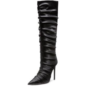 imageFSJ Women Knee High Boots Pointy Toe Stiletto High Heel Slouchy Back Zipper Booties Fashion Long Stretch Sexy Fall Winter Dress Shoes Size 415 USBlack