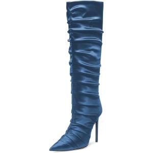 imageFSJ Women Knee High Boots Pointy Toe Stiletto High Heel Slouchy Back Zipper Booties Fashion Long Stretch Sexy Fall Winter Dress Shoes Size 415 USBlue