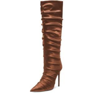imageFSJ Women Knee High Boots Pointy Toe Stiletto High Heel Slouchy Back Zipper Booties Fashion Long Stretch Sexy Fall Winter Dress Shoes Size 415 USBrown