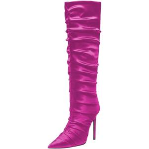 imageFSJ Women Knee High Boots Pointy Toe Stiletto High Heel Slouchy Back Zipper Booties Fashion Long Stretch Sexy Fall Winter Dress Shoes Size 415 USFuchsia