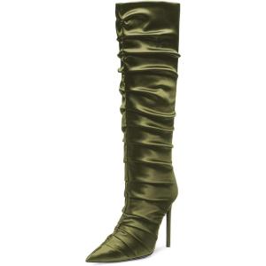 imageFSJ Women Knee High Boots Pointy Toe Stiletto High Heel Slouchy Back Zipper Booties Fashion Long Stretch Sexy Fall Winter Dress Shoes Size 415 USGreen