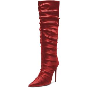 imageFSJ Women Knee High Boots Pointy Toe Stiletto High Heel Slouchy Back Zipper Booties Fashion Long Stretch Sexy Fall Winter Dress Shoes Size 415 USRed