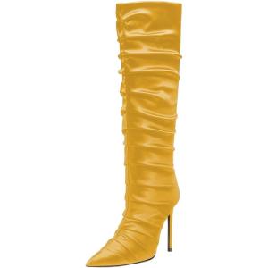 imageFSJ Women Knee High Boots Pointy Toe Stiletto High Heel Slouchy Back Zipper Booties Fashion Long Stretch Sexy Fall Winter Dress Shoes Size 415 USYellow