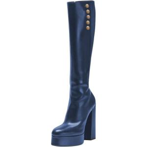 imageFSJ Women Round Toe Platform Knee High Boots Side Zipper Chunky High Heel Ladies Winter Prom Party Dress Shoes Size 416 USBlue