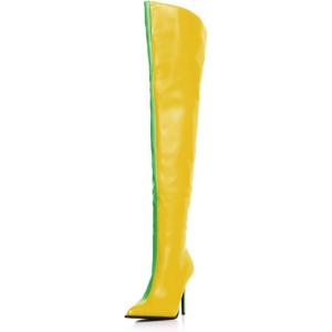 imageFSJ Women Sexy Pointed Toe Stiletto Heel Over the Knee High Boots Multicolor Smooth Leather Side Zipper Color Matching Wedding Party Dress Shoes Size 416 USYellowgreen