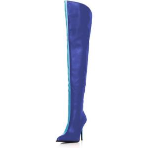 imageFSJ Women Sexy Pointed Toe Stiletto Heel Over the Knee High Boots Multicolor Smooth Leather Side Zipper Color Matching Wedding Party Dress Shoes Size 416 USBlue