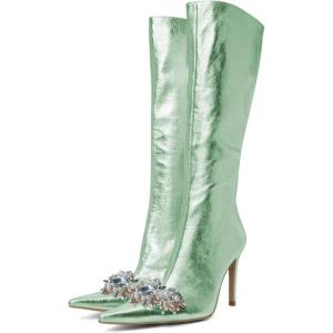 imageFSJ Women Sexy Pointy Toe Stiletto Knee High Boots High Heels Fashion Comfy Studded Crystal Pearls Flower Side Zipper Glossy Leather Sparkle Glitter Tall Boots Size 415 USAqua