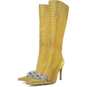 imageFSJ Women Sexy Pointy Toe Stiletto Knee High Boots High Heels Fashion Comfy Studded Crystal Pearls Flower Side Zipper Glossy Leather Sparkle Glitter Tall Boots Size 415 USGold Crack