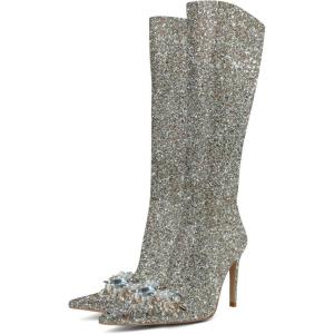 imageFSJ Women Sexy Pointy Toe Stiletto Knee High Boots High Heels Fashion Comfy Studded Crystal Pearls Flower Side Zipper Glossy Leather Sparkle Glitter Tall Boots Size 415 USGlitter