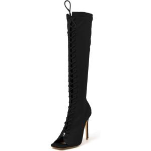 imageFSJ Women Square Peep Toe Lace Up Knee High Boots Thigh High Stiletto Heel Side Zipper Fashion Party Prom Dress Long Boots Size 415 USBlack