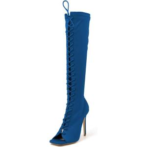 imageFSJ Women Square Peep Toe Lace Up Knee High Boots Thigh High Stiletto Heel Side Zipper Fashion Party Prom Dress Long Boots Size 415 USBlue