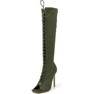 imageFSJ Women Square Peep Toe Lace Up Knee High Boots Thigh High Stiletto Heel Side Zipper Fashion Party Prom Dress Long Boots Size 415 USGreen