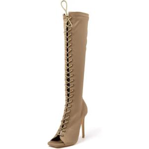 imageFSJ Women Square Peep Toe Lace Up Knee High Boots Thigh High Stiletto Heel Side Zipper Fashion Party Prom Dress Long Boots Size 415 USKhaki
