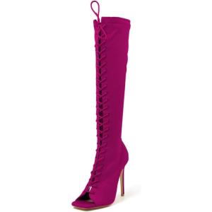 imageFSJ Women Square Peep Toe Lace Up Knee High Boots Thigh High Stiletto Heel Side Zipper Fashion Party Prom Dress Long Boots Size 415 USMegenta