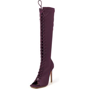 imageFSJ Women Square Peep Toe Lace Up Knee High Boots Thigh High Stiletto Heel Side Zipper Fashion Party Prom Dress Long Boots Size 415 USPurple