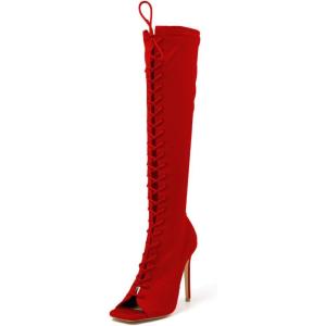 imageFSJ Women Square Peep Toe Lace Up Knee High Boots Thigh High Stiletto Heel Side Zipper Fashion Party Prom Dress Long Boots Size 415 USRed