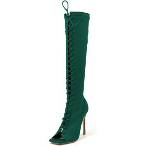 imageFSJ Women Square Peep Toe Lace Up Knee High Boots Thigh High Stiletto Heel Side Zipper Fashion Party Prom Dress Long Boots Size 415 USSea Green