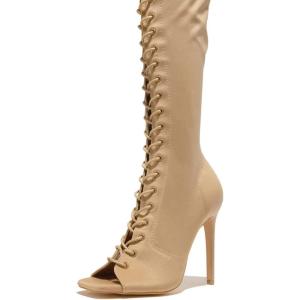 imageFSJ Women Square Peep Toe Lace Up Knee High Boots Thigh High Stiletto Heel Side Zipper Fashion Party Prom Dress Long Boots Size 415 USWheat