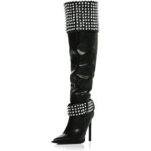 imageFSJ Women Stiletto High Heel Thigh High Boots Studded Rivet Pointed Toe Pull On Over the Knee Boots Versatile Party Dress Shoes Size 416 USGreen