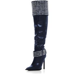 imageFSJ Women Stiletto High Heel Thigh High Boots Studded Rivet Pointed Toe Pull On Over the Knee Boots Versatile Party Dress Shoes Size 416 USNavy Blue