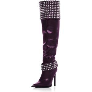 imageFSJ Women Stiletto High Heel Thigh High Boots Studded Rivet Pointed Toe Pull On Over the Knee Boots Versatile Party Dress Shoes Size 416 USPurple