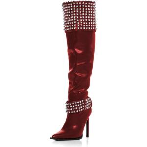 imageFSJ Women Stiletto High Heel Thigh High Boots Studded Rivet Pointed Toe Pull On Over the Knee Boots Versatile Party Dress Shoes Size 416 USRed