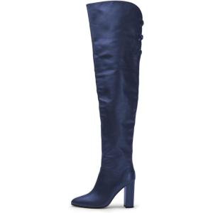 imageFSJ Women Thigh High Over The Knee Boots Block Chunky High Heel Almond Toe Side Zip Wide Calf Sexy Dress Long Boots Size 416 USBlue