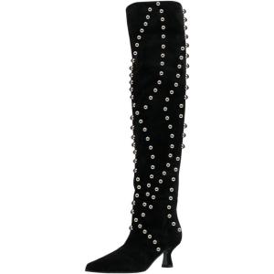 imageFSJ Women Trendy Pointed Toe Studded Knee High Boots Pull On Low Kitten Heel Ladies Winter Prom Party Date Shoes Size 416 USBlack