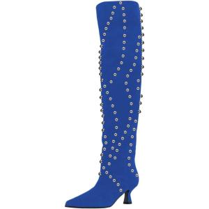 imageFSJ Women Trendy Pointed Toe Studded Knee High Boots Pull On Low Kitten Heel Ladies Winter Prom Party Date Shoes Size 416 USBlue2