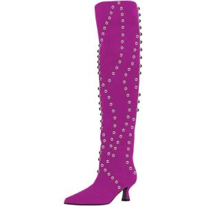 imageFSJ Women Trendy Pointed Toe Studded Knee High Boots Pull On Low Kitten Heel Ladies Winter Prom Party Date Shoes Size 416 USFuchsia