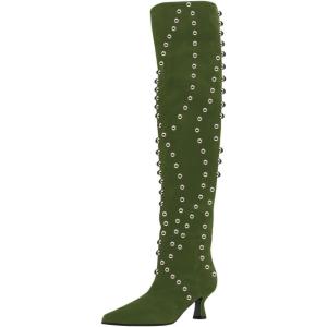 imageFSJ Women Trendy Pointed Toe Studded Knee High Boots Pull On Low Kitten Heel Ladies Winter Prom Party Date Shoes Size 416 USGreen