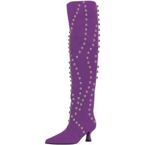 imageFSJ Women Trendy Pointed Toe Studded Knee High Boots Pull On Low Kitten Heel Ladies Winter Prom Party Date Shoes Size 416 USPurple