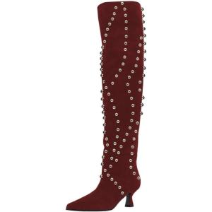 imageFSJ Women Trendy Pointed Toe Studded Knee High Boots Pull On Low Kitten Heel Ladies Winter Prom Party Date Shoes Size 416 USSienna