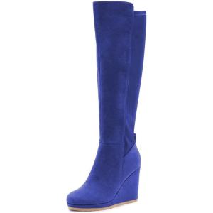 imageFSJ Women Wedge High Heel Round Toe Knee High Boots Comfortable Stitching Thick Heel Side Zipper Ladies Prom Club Shoes Size 415 USBlue