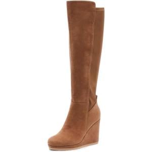 imageFSJ Women Wedge High Heel Round Toe Knee High Boots Comfortable Stitching Thick Heel Side Zipper Ladies Prom Club Shoes Size 415 USBrown