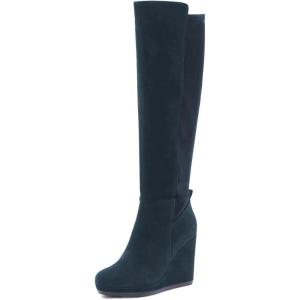 imageFSJ Women Wedge High Heel Round Toe Knee High Boots Comfortable Stitching Thick Heel Side Zipper Ladies Prom Club Shoes Size 415 USCyan