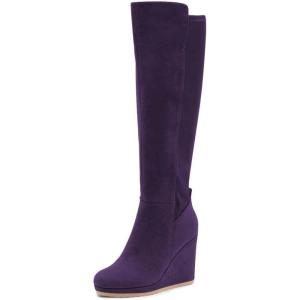 imageFSJ Women Wedge High Heel Round Toe Knee High Boots Comfortable Stitching Thick Heel Side Zipper Ladies Prom Club Shoes Size 415 USDark Purple