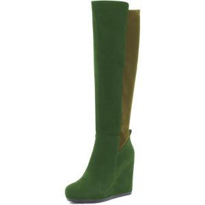 imageFSJ Women Wedge High Heel Round Toe Knee High Boots Comfortable Stitching Thick Heel Side Zipper Ladies Prom Club Shoes Size 415 USGreen