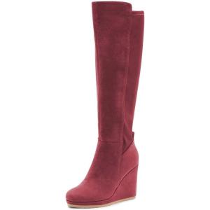 imageFSJ Women Wedge High Heel Round Toe Knee High Boots Comfortable Stitching Thick Heel Side Zipper Ladies Prom Club Shoes Size 415 USIndian Red