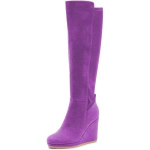 imageFSJ Women Wedge High Heel Round Toe Knee High Boots Comfortable Stitching Thick Heel Side Zipper Ladies Prom Club Shoes Size 415 USOrchid