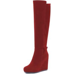 imageFSJ Women Wedge High Heel Round Toe Knee High Boots Comfortable Stitching Thick Heel Side Zipper Ladies Prom Club Shoes Size 415 USRed