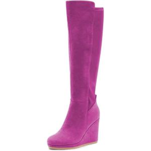 imageFSJ Women Wedge High Heel Round Toe Knee High Boots Comfortable Stitching Thick Heel Side Zipper Ladies Prom Club Shoes Size 415 USViolet Red