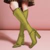 imageFSJ Women Elegant Pointed Toe Chunky High Heel Mesh Knee High Long Boots Back Zipper Summer Casual Morden Ladies Shoes Size 415 USOlive