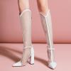 imageFSJ Women Elegant Pointed Toe Chunky High Heel Mesh Knee High Long Boots Back Zipper Summer Casual Morden Ladies Shoes Size 415 USWhite
