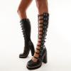 imageFSJ Women Fashion Straps Buckle Round Toe Knee High Boots Chunky High Heel Casual Walking Ladies Platform Shoes Size 415 USBlack