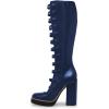 imageFSJ Women Fashion Straps Buckle Round Toe Knee High Boots Chunky High Heel Casual Walking Ladies Platform Shoes Size 415 USDark Blue