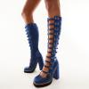 imageFSJ Women Fashion Straps Buckle Round Toe Knee High Boots Chunky High Heel Casual Walking Ladies Platform Shoes Size 415 USDark Blue