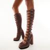 imageFSJ Women Fashion Straps Buckle Round Toe Knee High Boots Chunky High Heel Casual Walking Ladies Platform Shoes Size 415 USDark Brown
